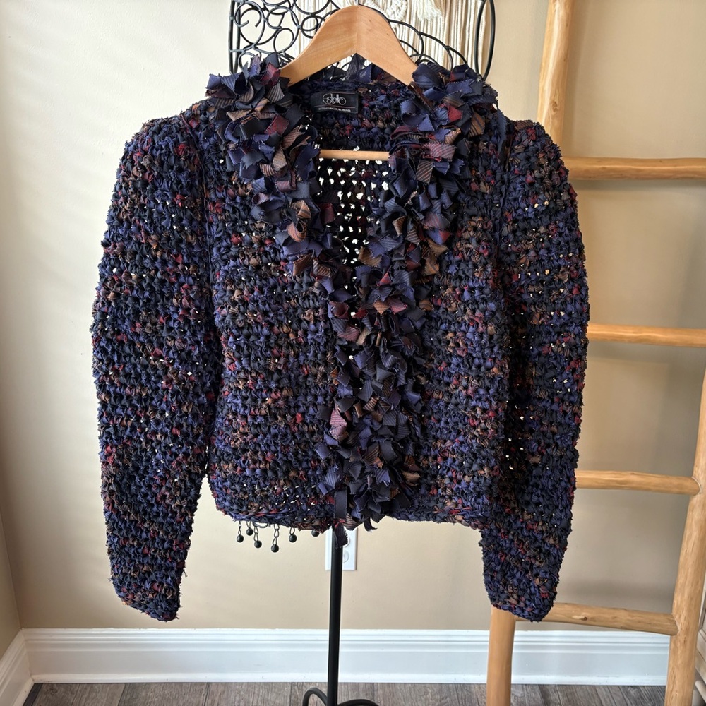 Vtg.80s Handmade Multicolor Boho Goth Fiber Art Textured Loop Fringe Cardigan